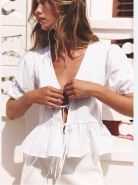 Zara White Tie-Front Peplum Blouse